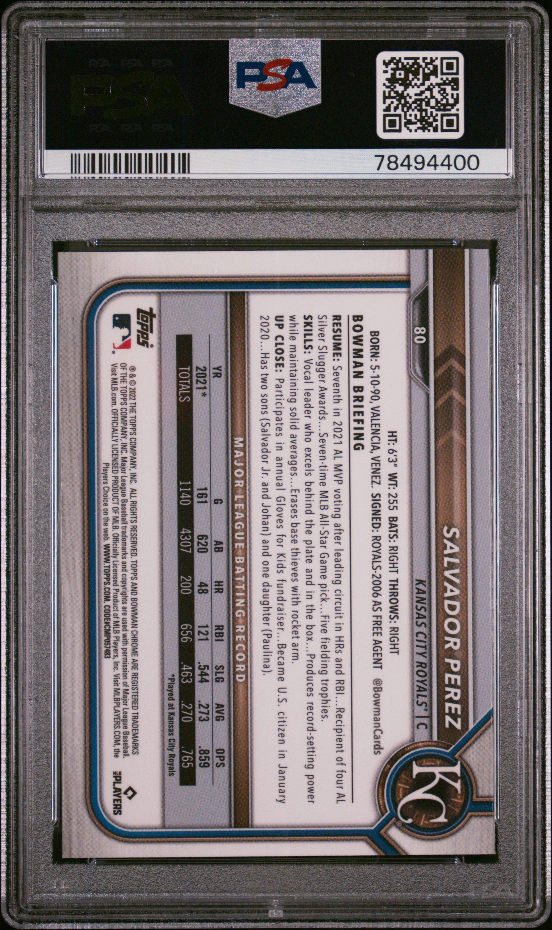 Salvador Perez 2022 Bowman Chrome Sapphire Edition Baseball Card #80 PSA 10-Powers Sports Memorabilia