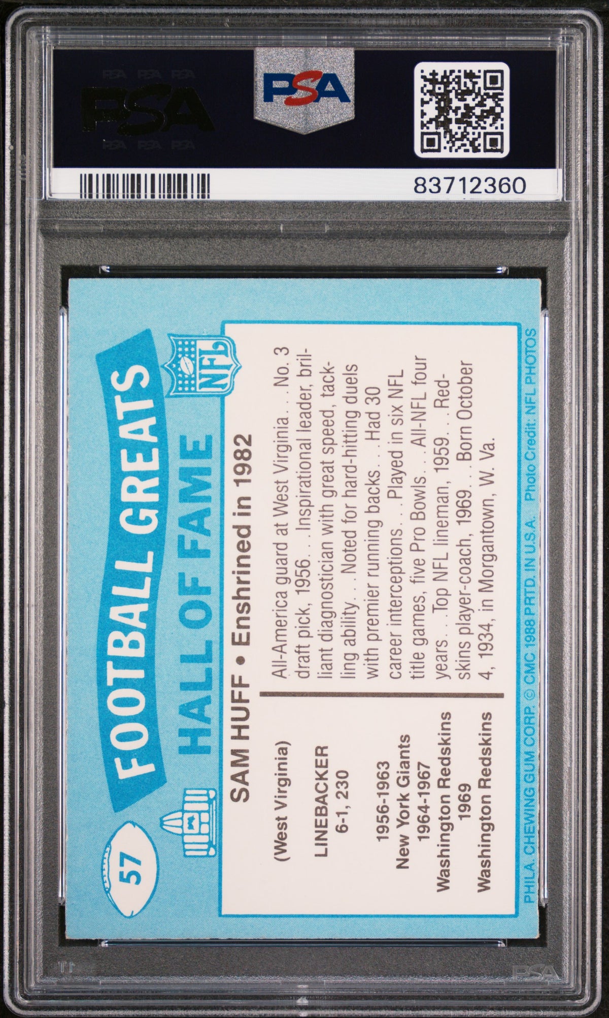 Sam Huff 1988 Swell Greats Signed Football Card #57 Auto PSA-Powers Sports Memorabilia