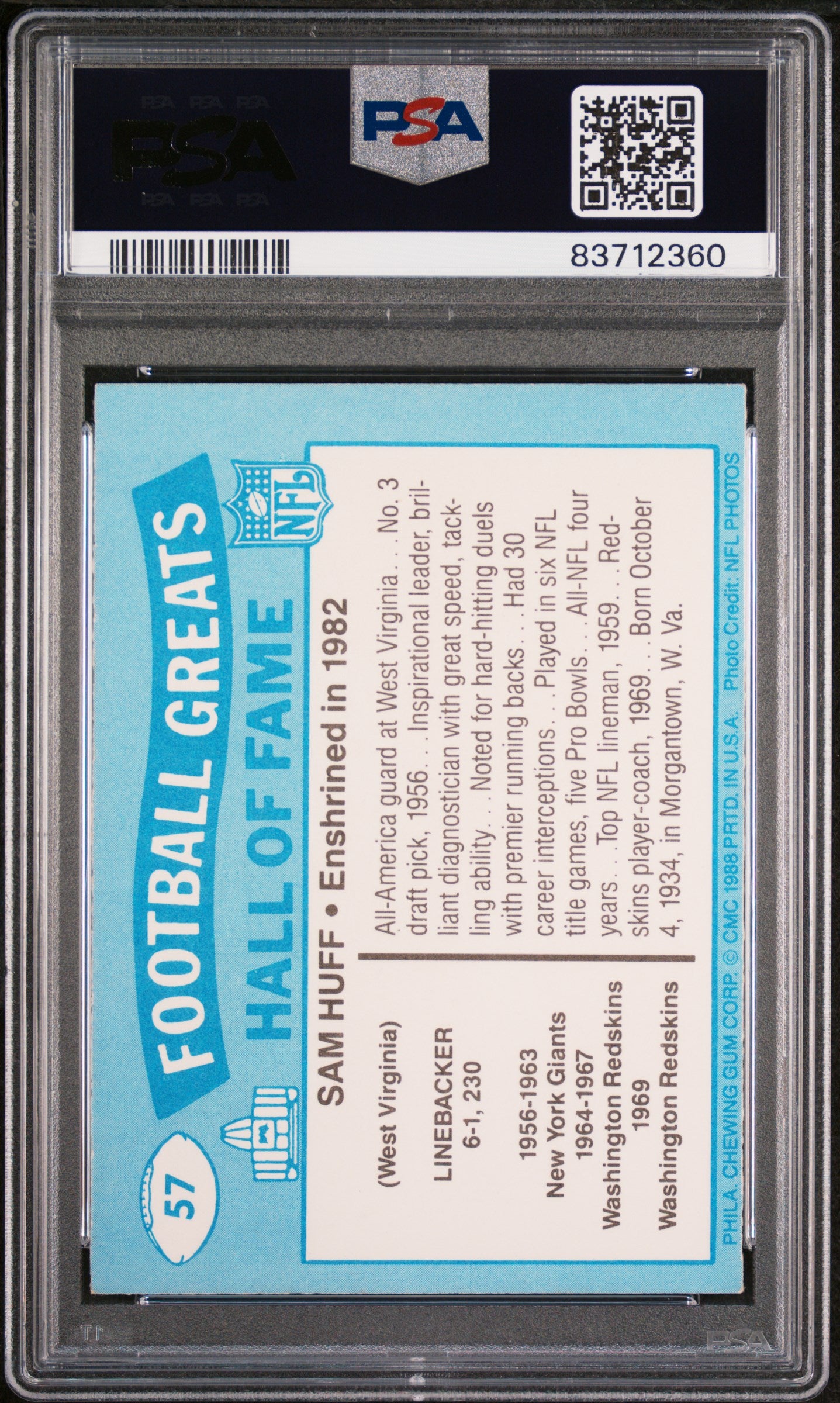 Sam Huff 1988 Swell Greats Signed Football Card #57 Auto PSA-Powers Sports Memorabilia