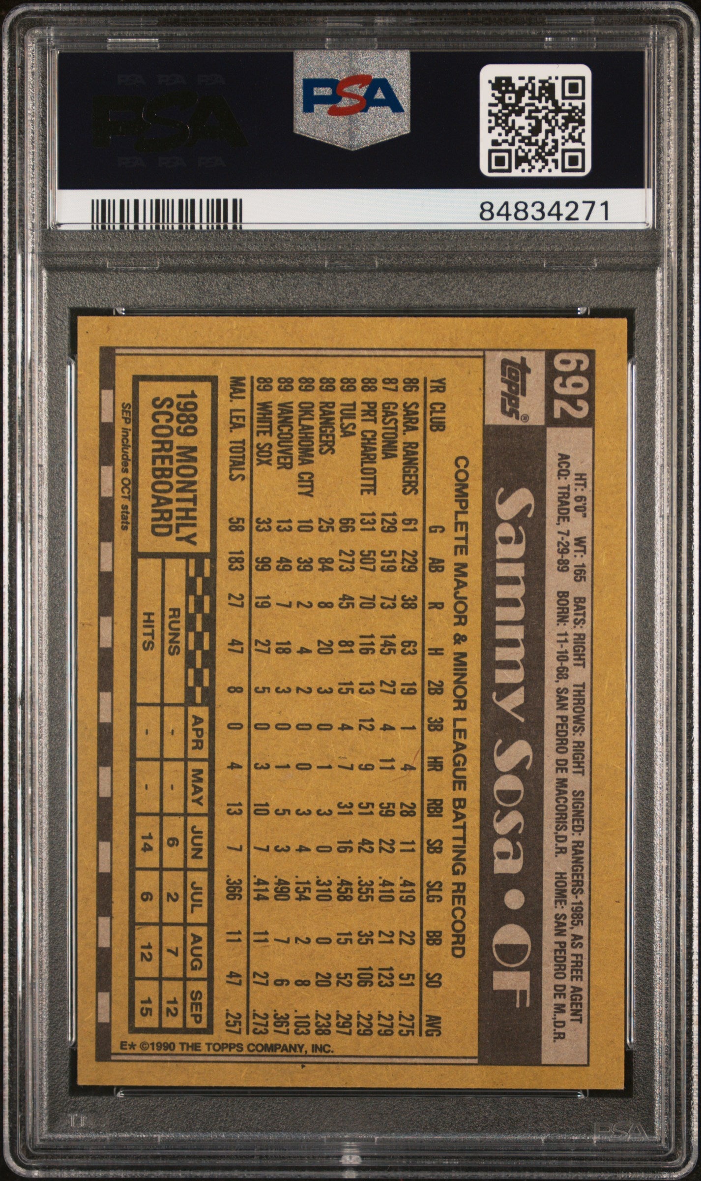 Sammy Sosa 1990 Topps Signed Baseball Rookie Card #692 Auto Graded PSA 10 834271-Powers Sports Memorabilia