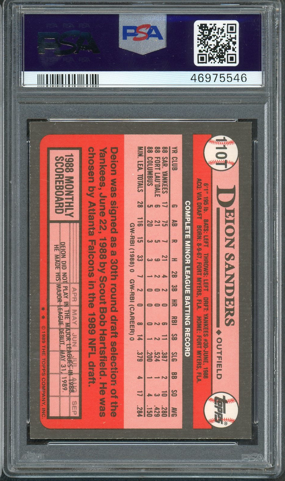 Deion Sanders 1989 Topps Traded Baseball Rookie Card RC #110T Graded PSA 10 GEM MINT-Powers Sports Memorabilia