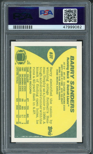 Barry Sanders 1989 Topps Traded Football Rookie Card RC #83T Graded PSA 9-Powers Sports Memorabilia