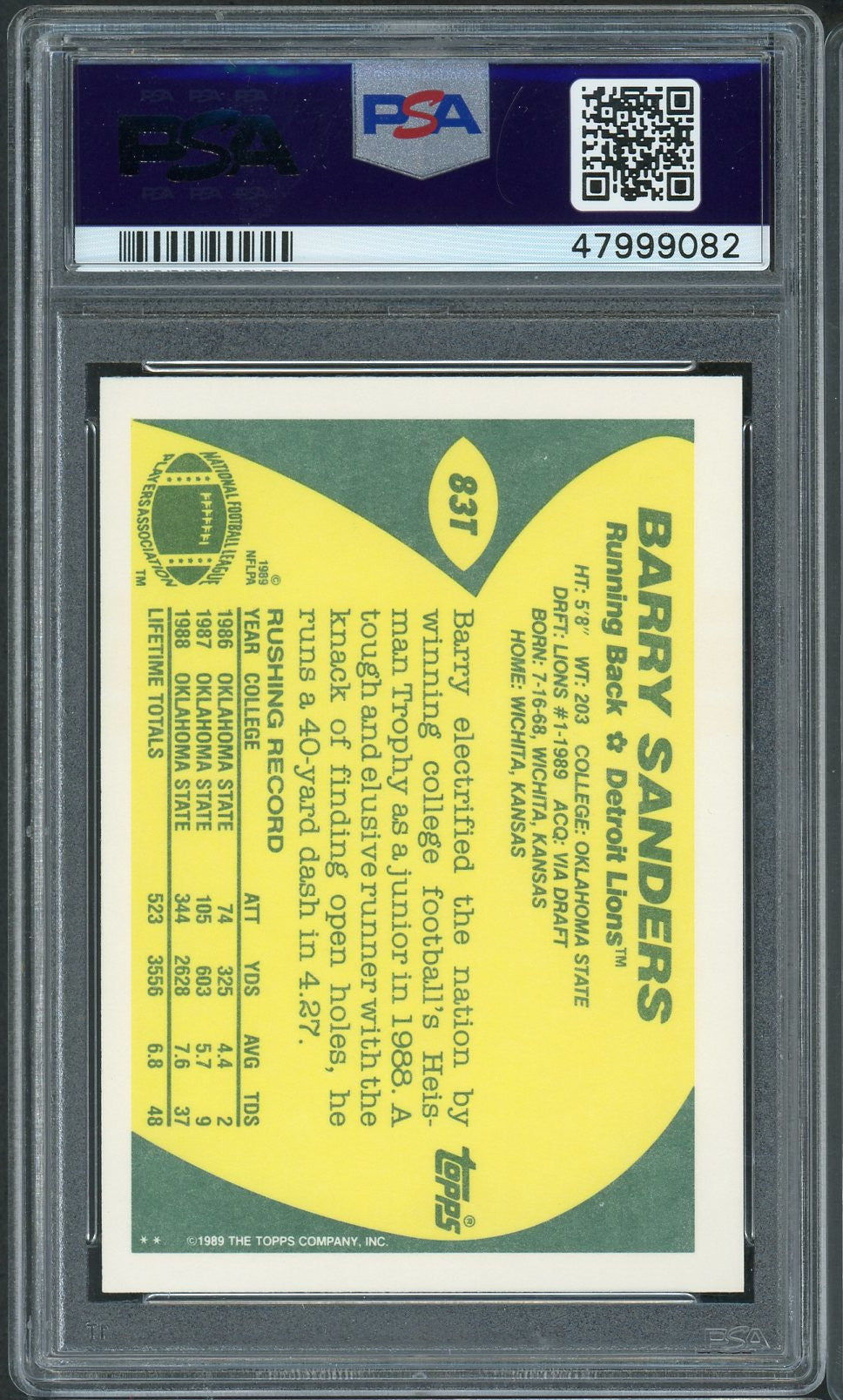 Barry Sanders 1989 Topps Traded Football Rookie Card RC #83T Graded PSA 9