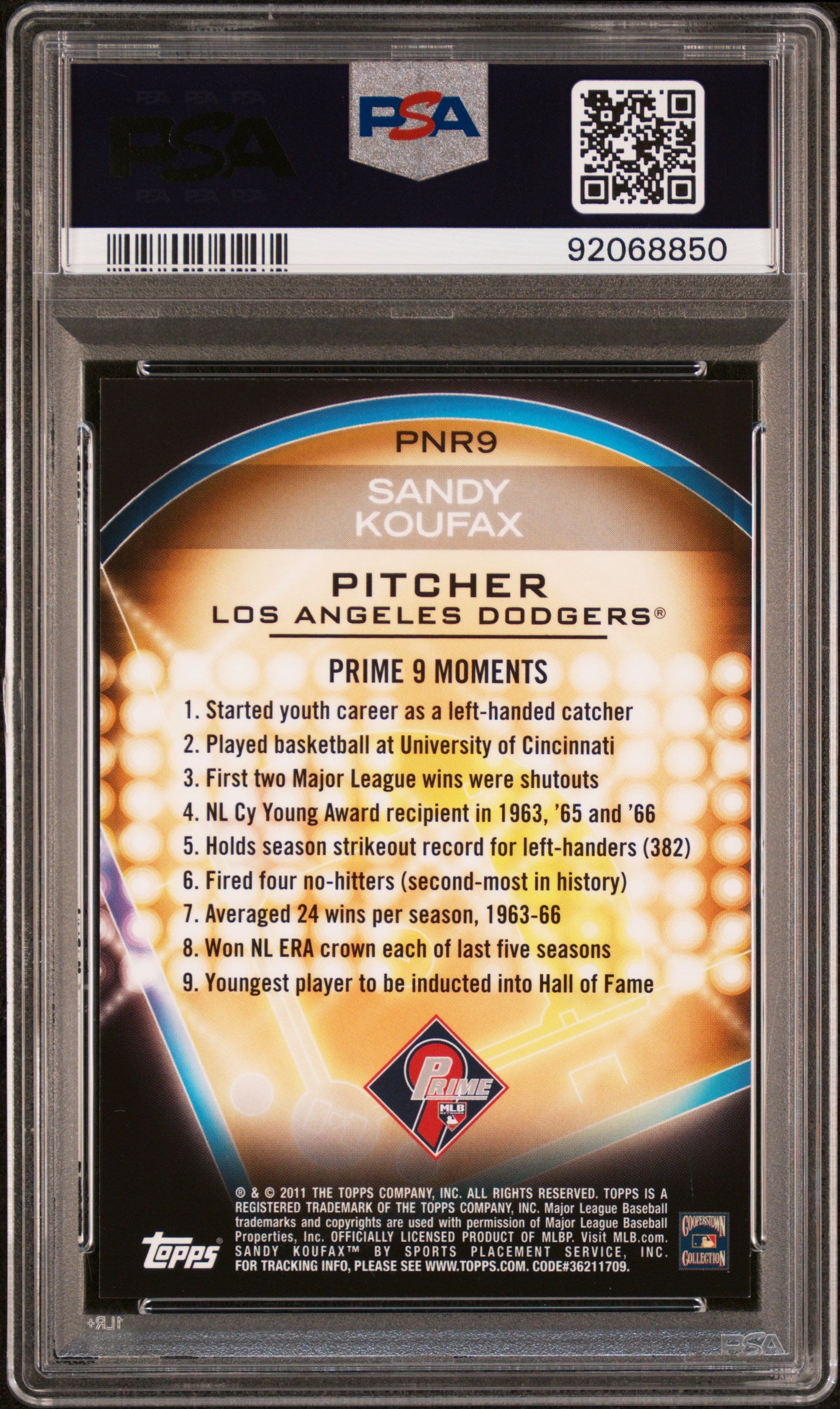 Sandy Koufax 2011 Topps Prime 9 Redemption Baseball Card #PNR9 Graded PSA 9-Powers Sports Memorabilia