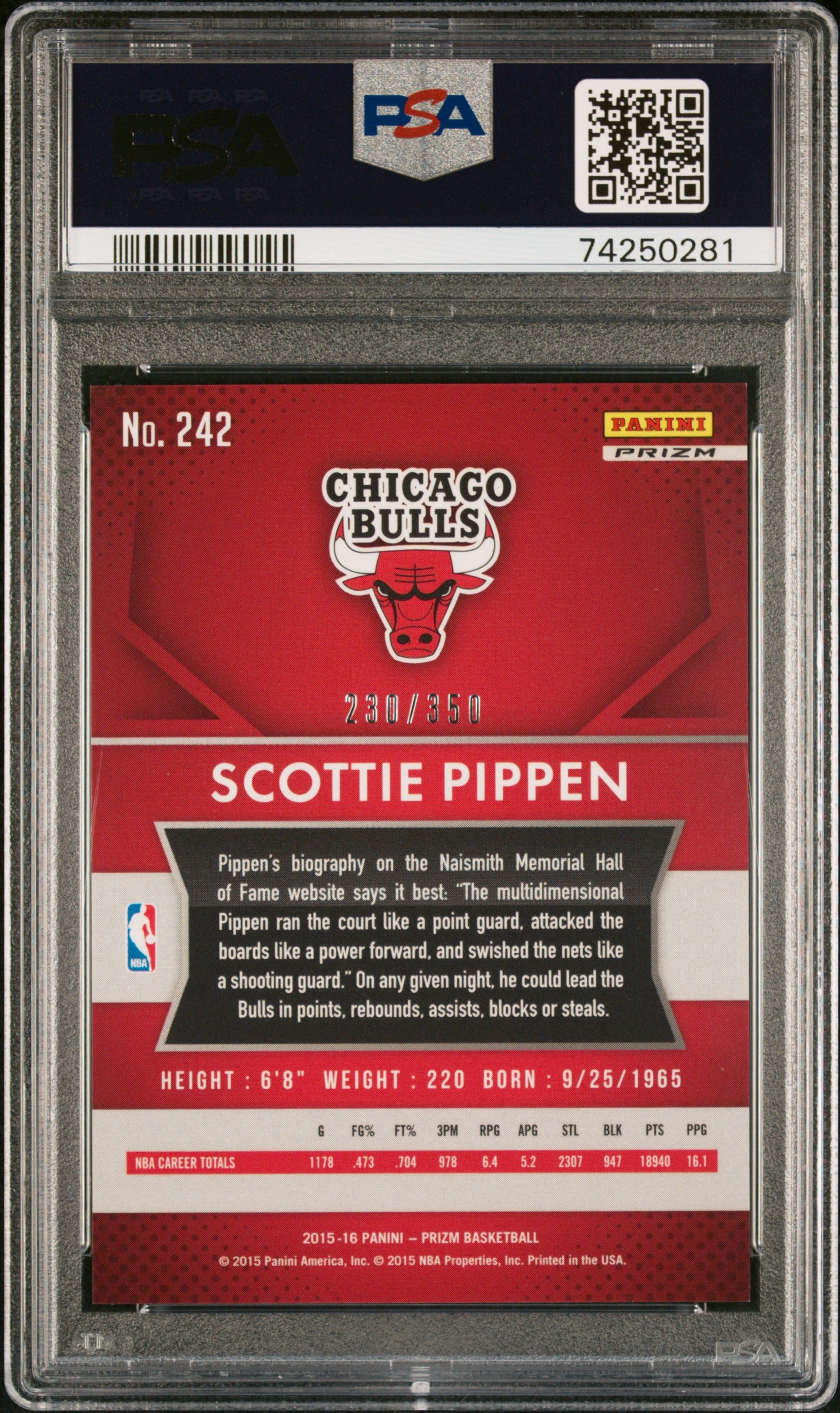 Scottie Pippen 2015 Panini Prizm Ruby Wave Card #242 Graded PSA 10 #/350-Powers Sports Memorabilia