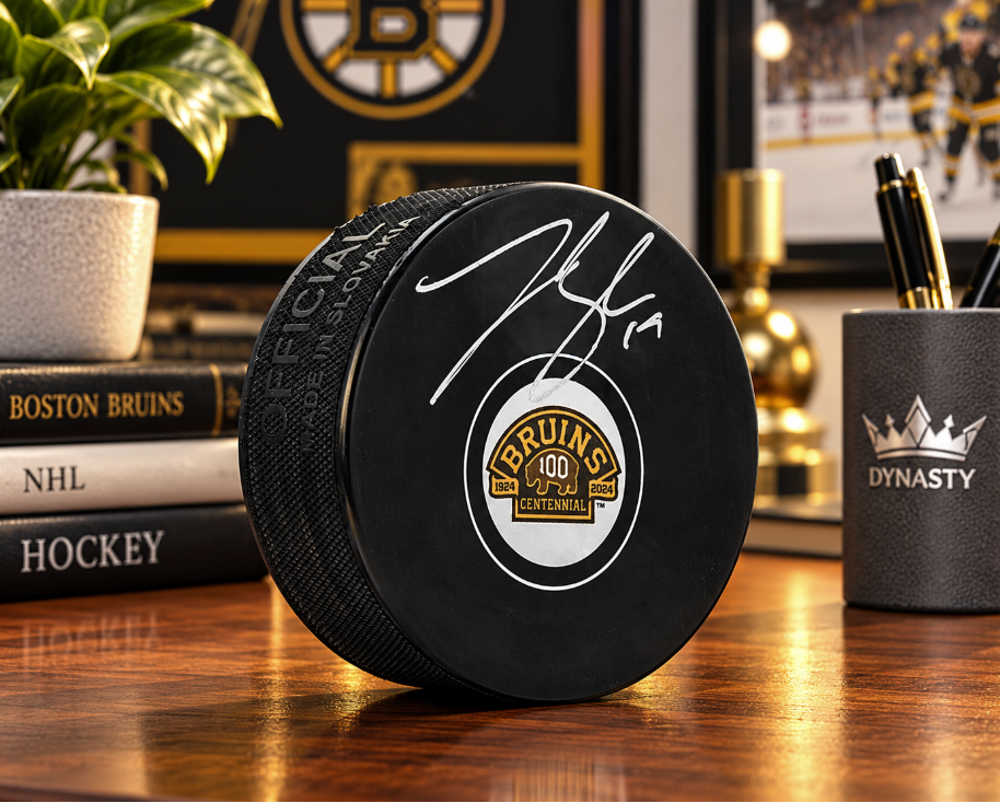 Johnny Beecher Signed Boston Bruins 100th Anniversary Hockey Logo Puck-Powers Sports Memorabilia