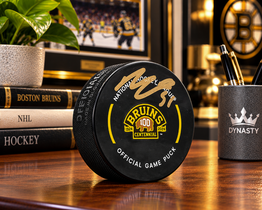 Matthew Poitras Boston Bruins Signed 100th Anniversary Hockey Game Puck-Powers Sports Memorabilia