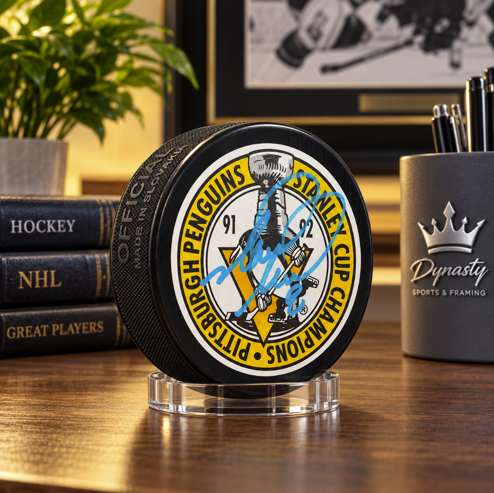 Mark Recchi Pittsburgh Penguins 1992 Stanley Cup Champions Signed Hockey Logo Puck-Powers Sports Memorabilia