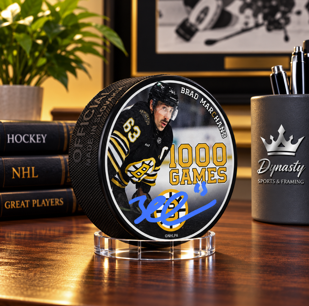 Brad Marchand Signed Boston Bruins 1000 Games Commemorative Hockey Puck-Powers Sports Memorabilia