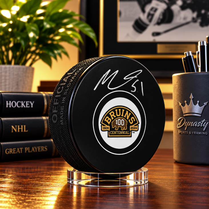 Matthew Poitras Signed Boston Bruins 100th Anniversary Hockey Logo Puck-Powers Sports Memorabilia