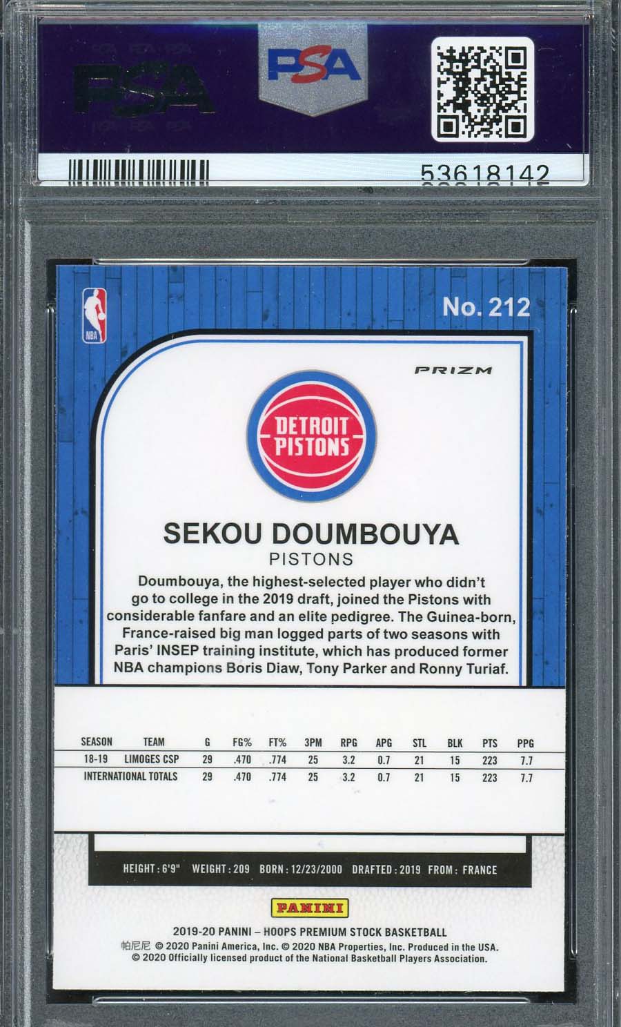 Sekou Doumbouya 2019 Panini Hoops Premium Stock Pulsar Rookie Card #212 PSA 10-Powers Sports Memorabilia
