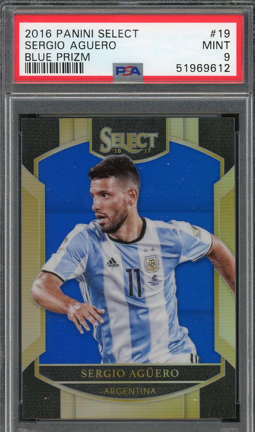 Sergio Aguero 2016 Panini Select Blue Prizm Card #19 PSA 9 /299-Powers Sports Memorabilia