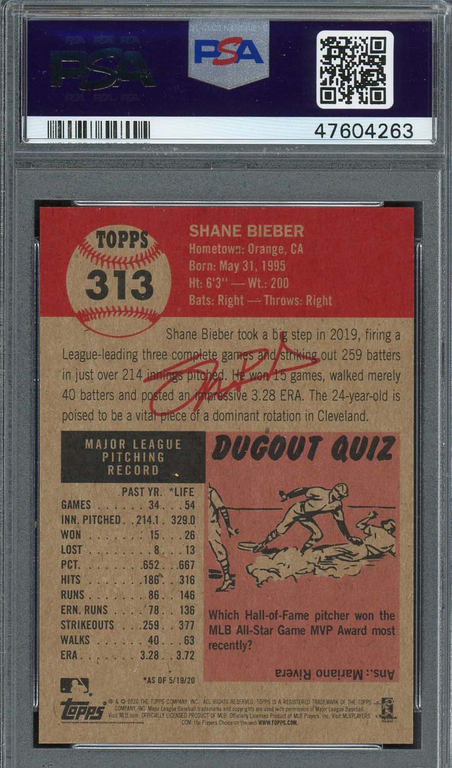 Shane Bieber 2020 Topps Living Baseball Card #313 Graded PSA 9 MINT-Powers Sports Memorabilia