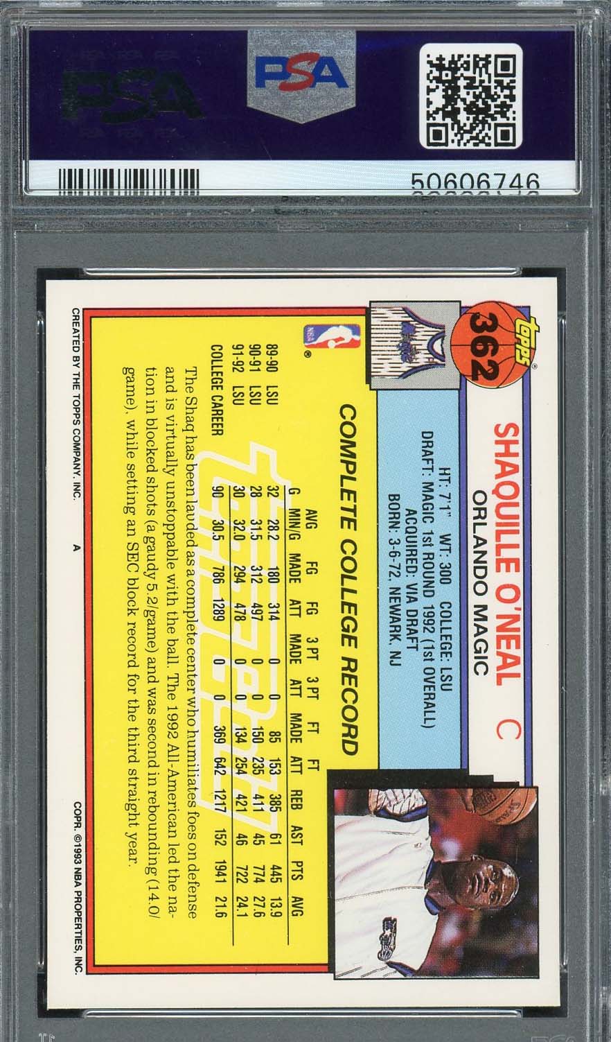 Shaquille O'Neal 1992 Topps Gold Basketball Rookie Card #362 Graded PSA 8-Powers Sports Memorabilia