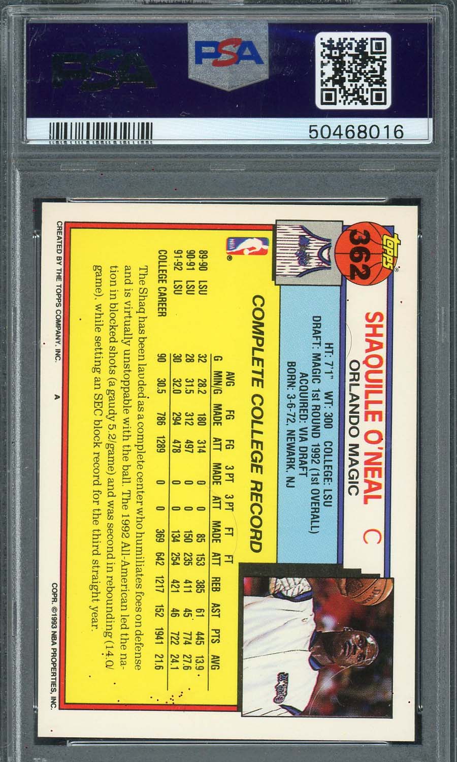 Shaquille O'Neal 1992 Topps Basketball Rookie Card #362 Graded PSA 9-Powers Sports Memorabilia