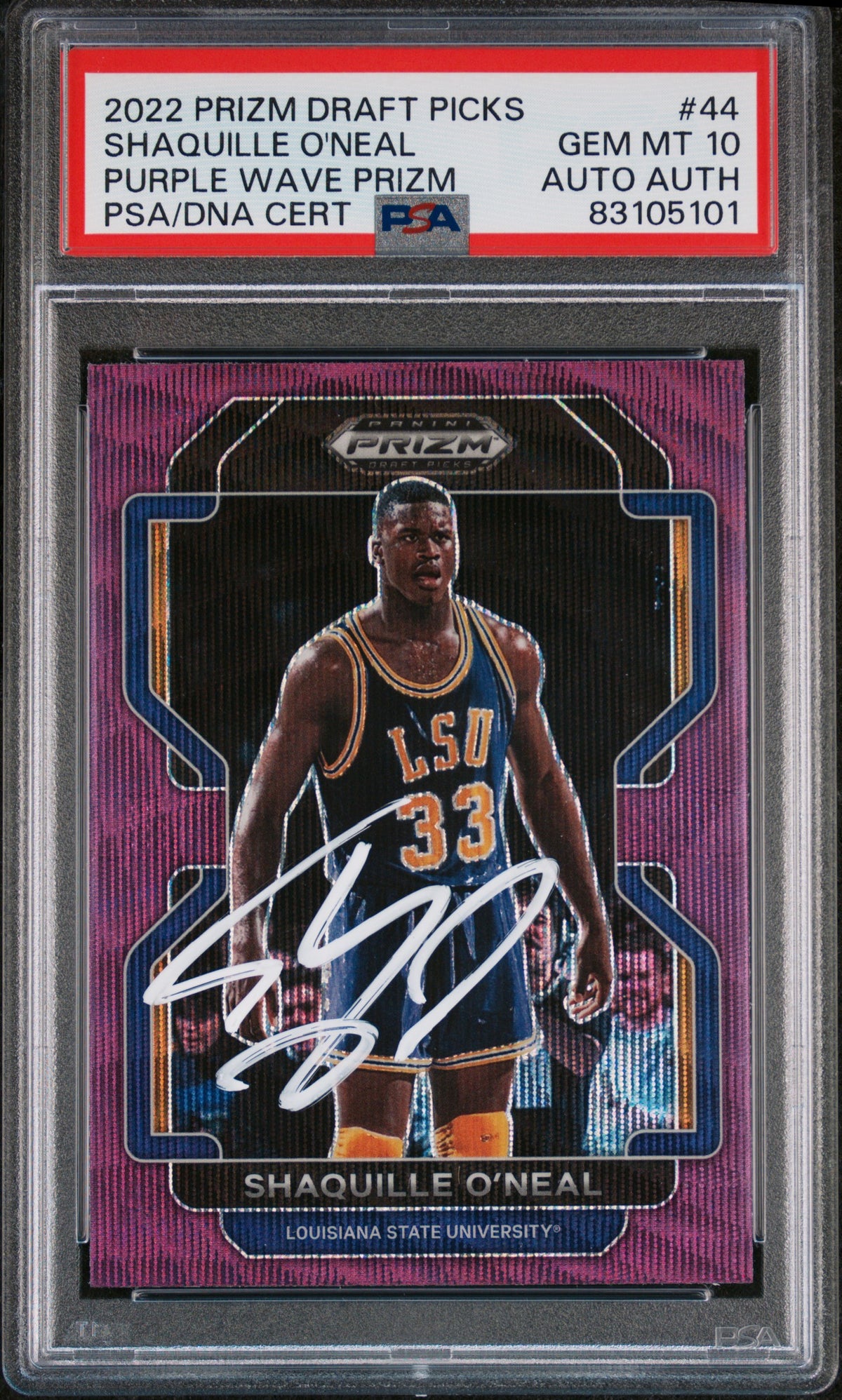 Shaquille O&#39;Neal 2022 Panini Prizm DP Purple Wave Signed Card #44 Auto PSA 10-Powers Sports Memorabilia
