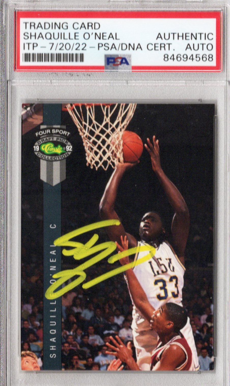 Shaquille O'Neal Signed LSU Encapsulated 1992 Classic Four Sport Draft Pick Rookie Card #1 - PSA AUTHENTIC AUTO-Powers Sports Memorabilia