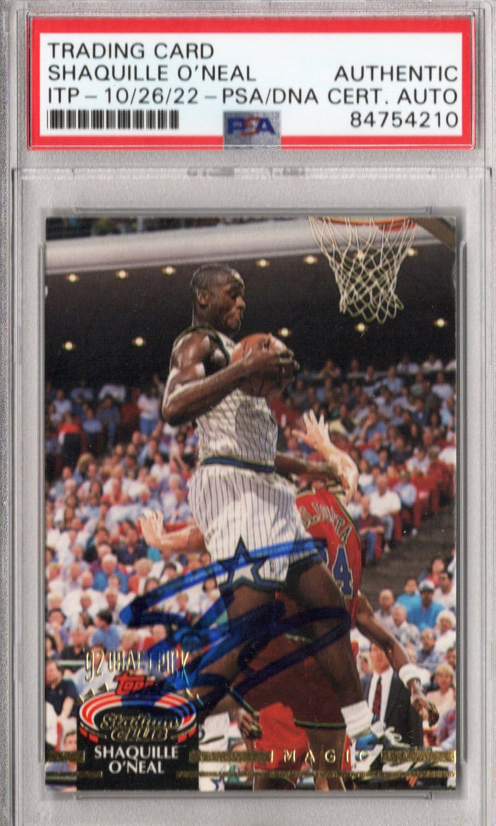 Shaquille O'Neal Signed Orlando Magic Encapsulated 1992-93 Topps Stadium Club Rookie Card #247 - PSA AUTHENTIC-Powers Sports Memorabilia