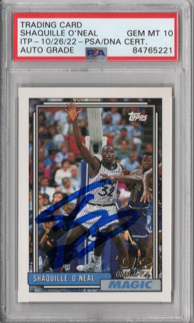 Shaquille O'Neal Signed Orlando Magic 1992-93 Topps '92 Draft Pick Rookie Card - PSA Auto Grade GEM MT. 10-Powers Sports Memorabilia
