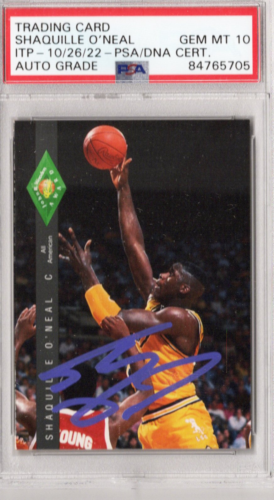 Shaquille O'Neal Signed LSU Tigers 1992 Classic John Wooden Award #318 Rookie Card - PSA AUTO GRADE GEM MT. 10-Powers Sports Memorabilia