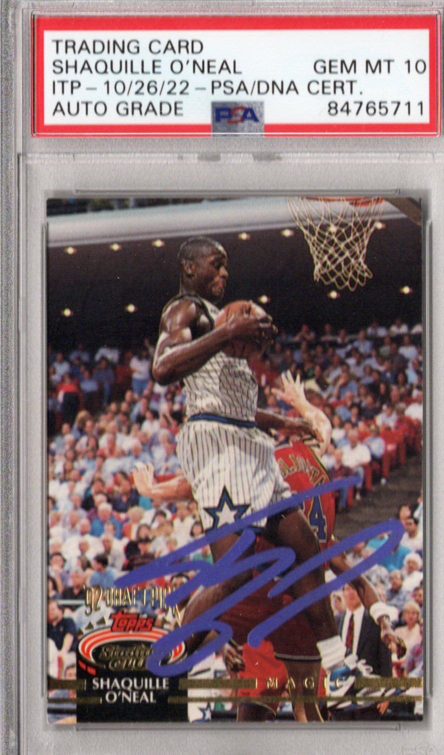 Shaquille O'Neal Signed Orlando Magic Encapsulated 1992-93 Topps Stadium Club Rookie Card #247 - PSA AUTO GRADE GEM MT 10-Powers Sports Memorabilia