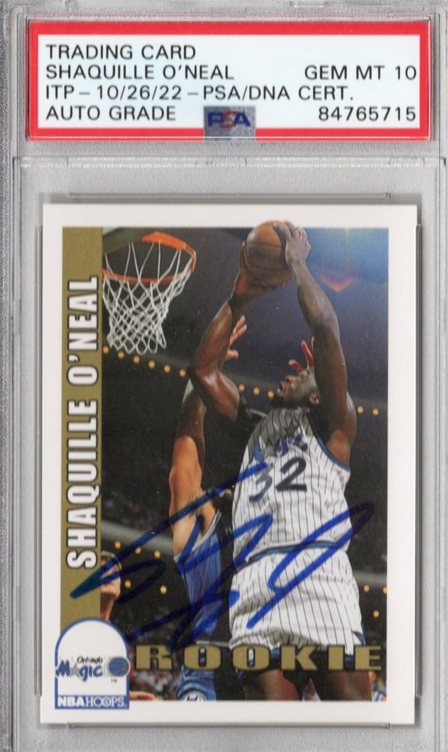 Shaquille O'Neal Signed Orlando Magic Encapsulated 1992 NBA Hoops #442 Rookie Card - PSA AUTO GRADE GEM. MT 10-Powers Sports Memorabilia