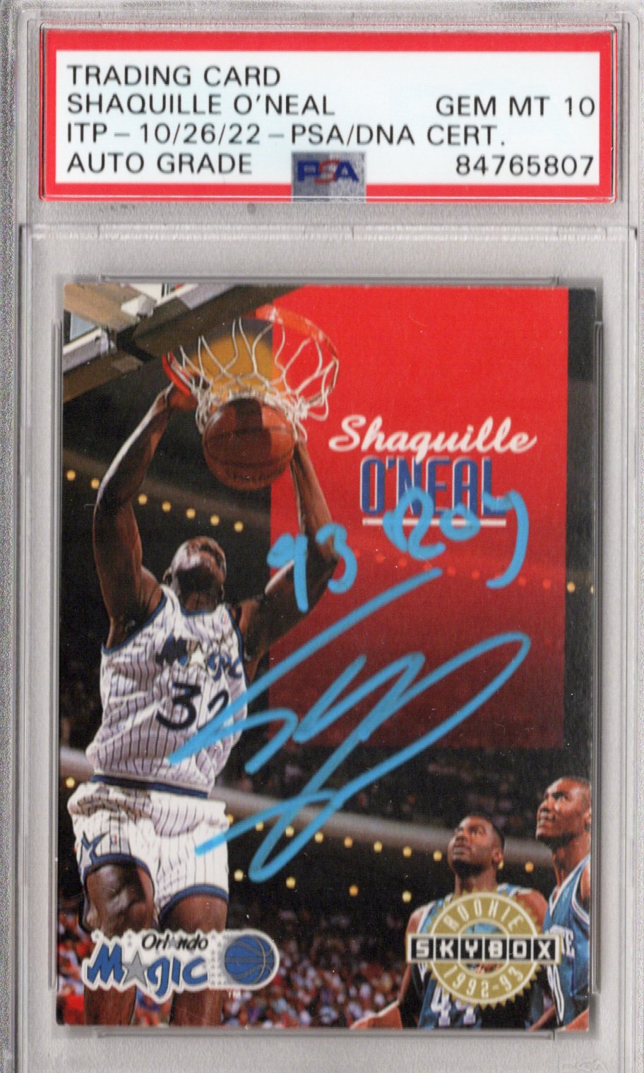 Shaquille O'Neal Signed Orlando Magic Encapsulated 1992-93 Skybox Rookie Card #382 W/ 93 ROY - PSA AUTO GRADE GEM MT 10-Powers Sports Memorabilia