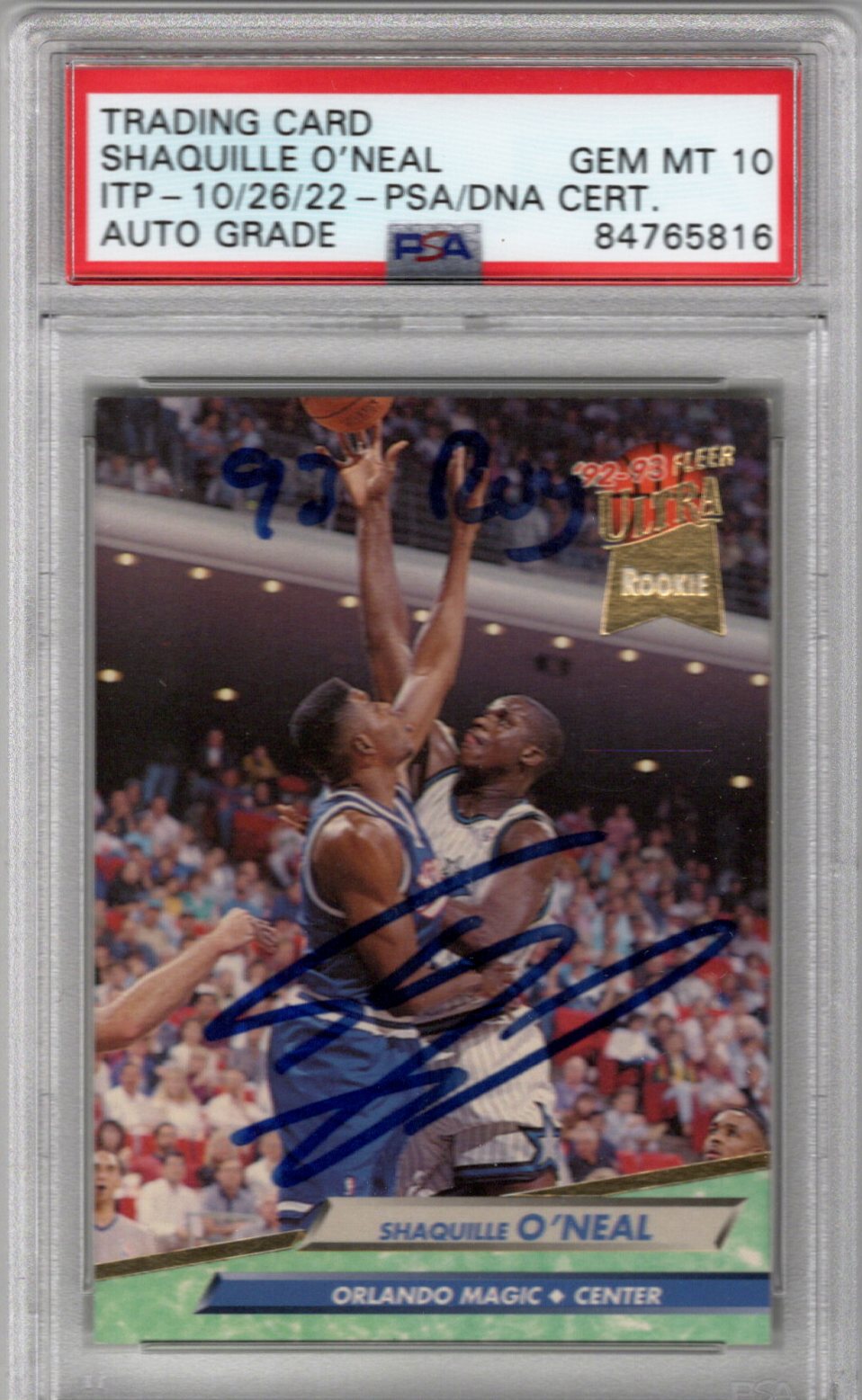Shaquille O'Neal Signed Orlando Magic 1992-93 Fleer Ultra #328 Rookie Card W/Roy 93 - PSA AUTO GRADE GEM MT. 10-Powers Sports Memorabilia