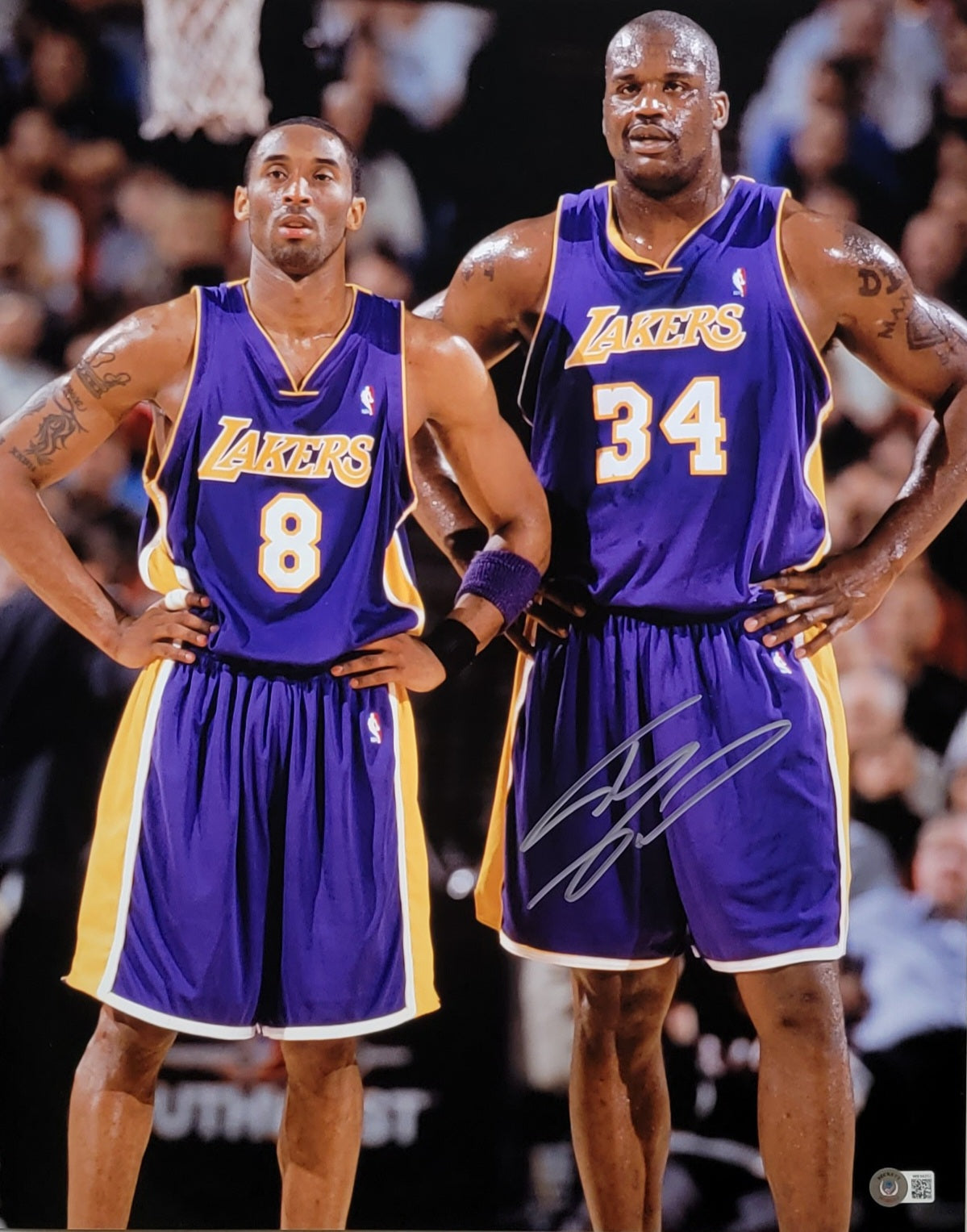 Shaquille O'Neal with Kobe Bryant Autographed Los Angeles Lakers 16x20 Photo Beckett Witnessed-Powers Sports Memorabilia