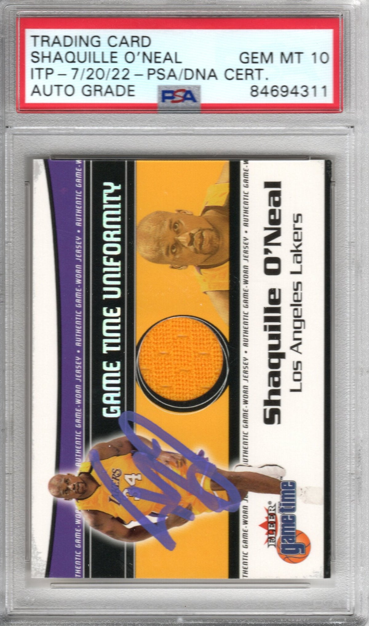 Shaquille O'Neal Autographed Lakers Encapsulated 2000 Fleer Game Worn Jersey Trading Card PSA AUTO GRADE GEM MINT 10-Powers Sports Memorabilia