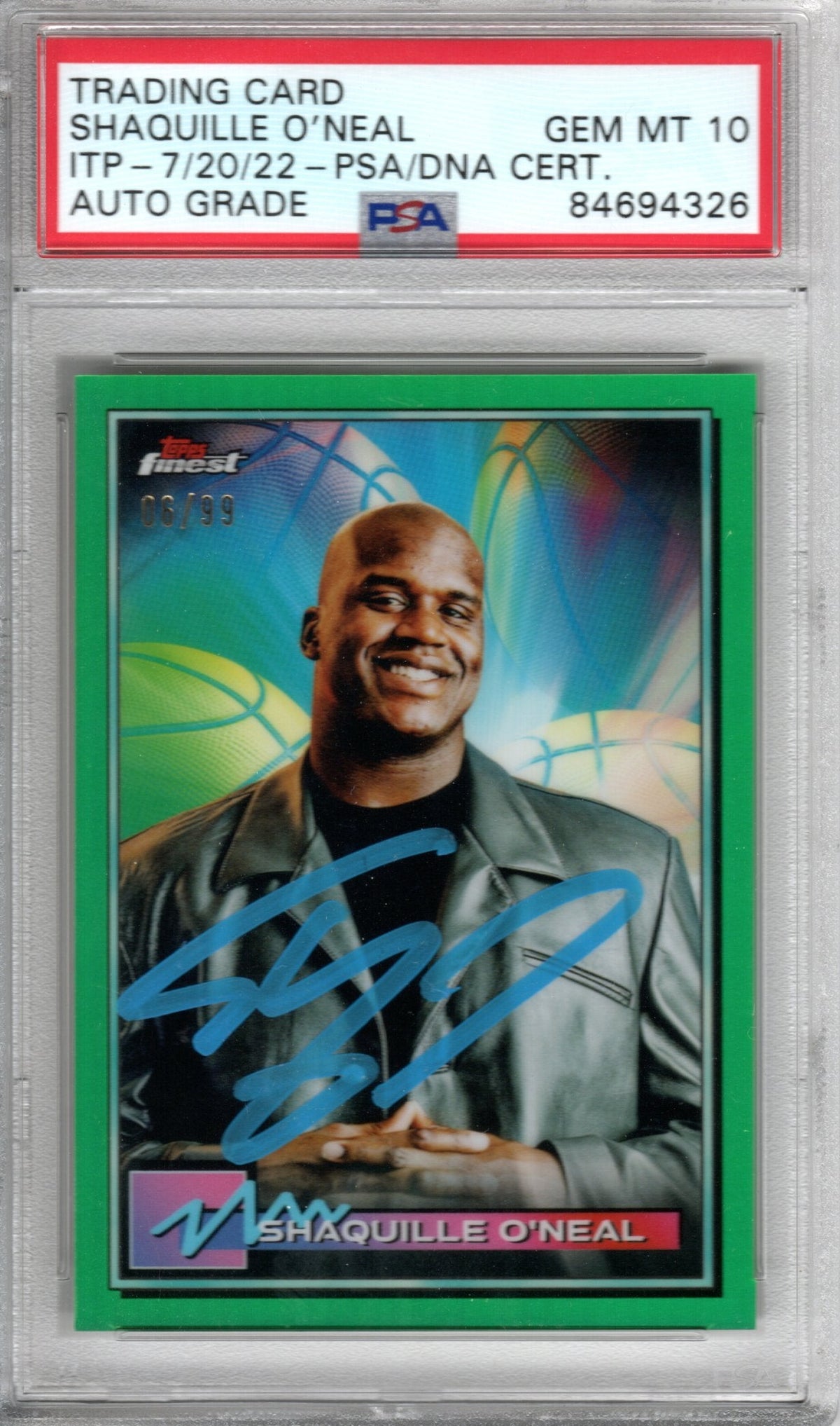 Shaquille O'Neal Autographed Magic Lakers Heat Encapsulated 2021 Topps Finest No. 34 06/99 Trading Card PSA AUTO GRADE GEM MINT 10-Powers Sports Memorabilia