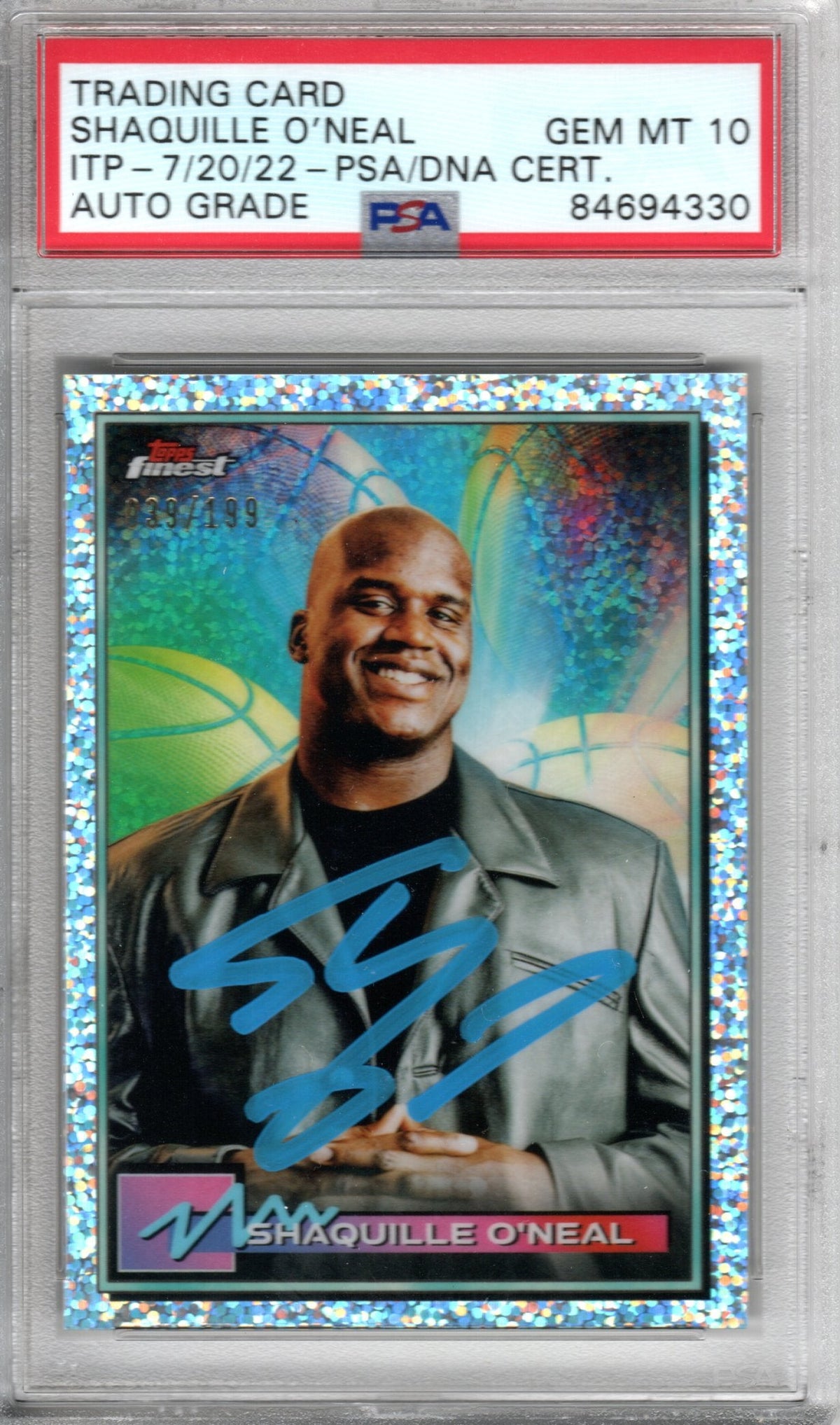 Shaquille O'Neal Autographed Magic Lakers Heat Encapsulated 2021 Topps Finest No. 34 039/199 Trading Card PSA AUTO GRADE GEM MINT 10-Powers Sports Memorabilia