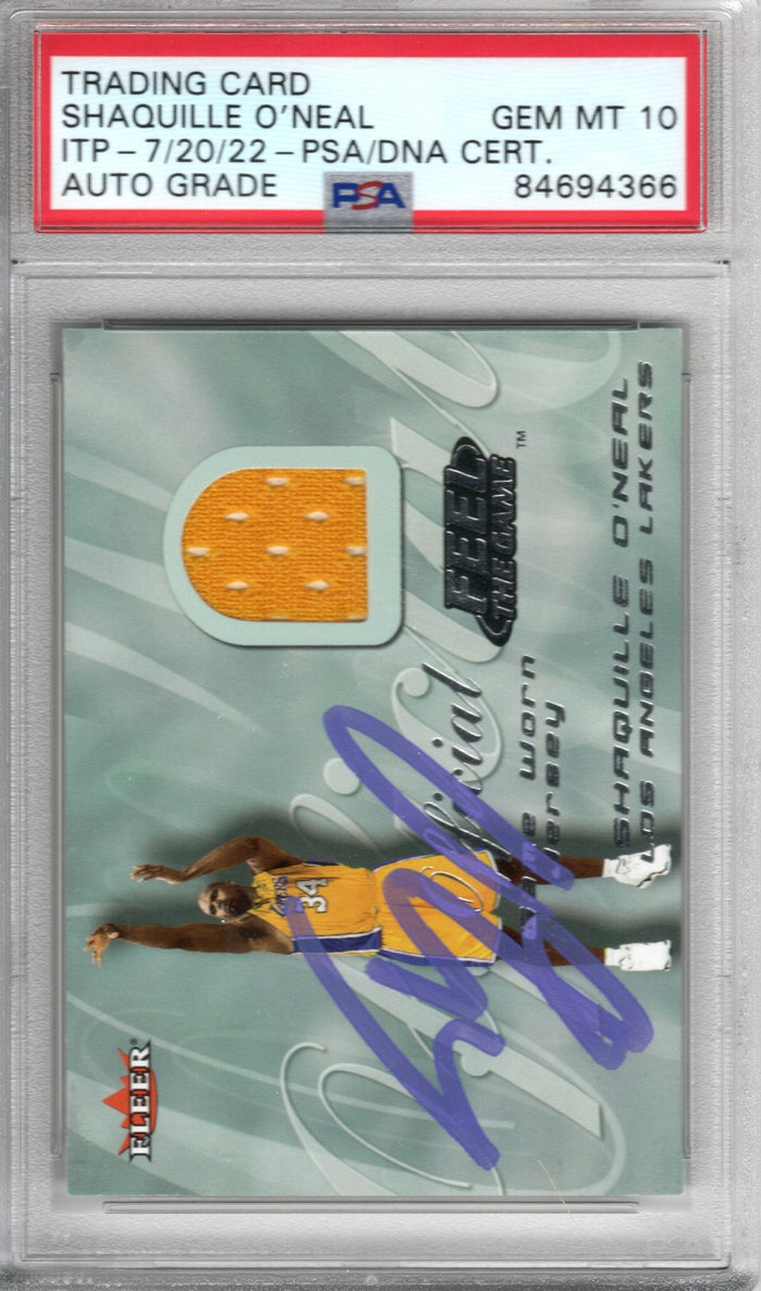 Shaquille O'Neal Signed Lakers Encapsulated 2000 Fleer Game Worn Jersey Card - PSA GEM MT 10-Powers Sports Memorabilia