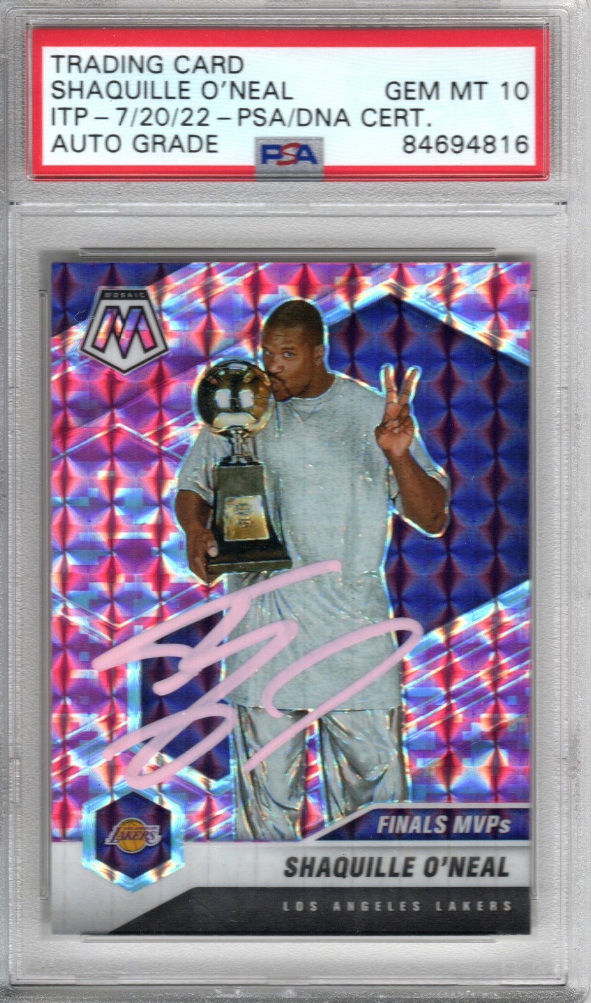 Shaquille O'Neal Autographed Lakers Encapsulated 2020-21 No. 300 Panini Mosaic Finals MVPs Trading Card PSA AUTO GRADE GEM MT 10-Powers Sports Memorabilia