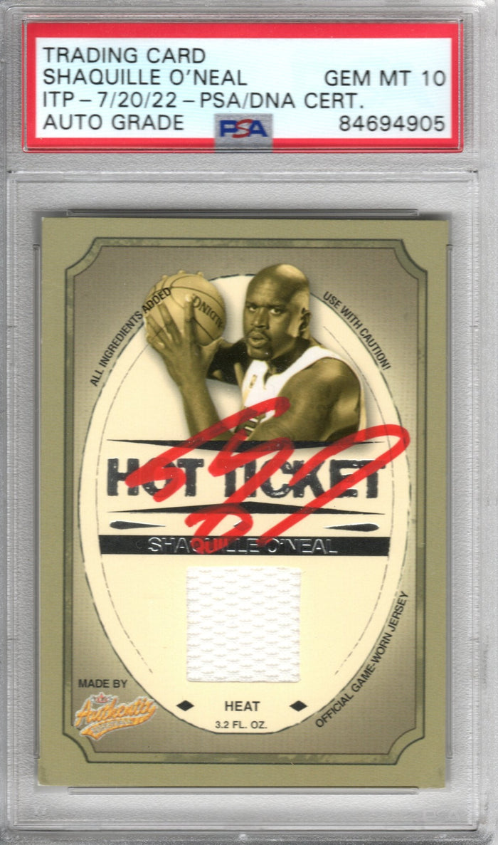 Shaquille O'Neal Signed Miami Heat Encapsulated 2004 Fleer Hot Ticket 415/450 Game Worn Jersey Card PSA AUTO GRADE GEM MINT 10-Powers Sports Memorabilia