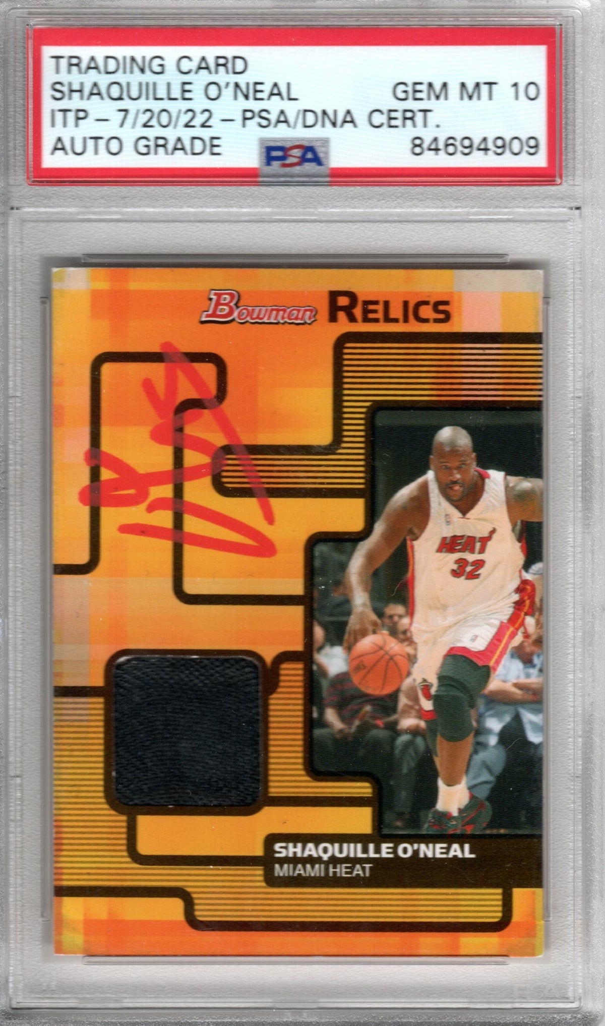Shaquille O'Neal Autographed Miami Heat Encapsulated 2007 Bowman Relics Game Worn Jersey Trading Card PSA AUTO GRADE GEM MINT 10-Powers Sports Memorabilia