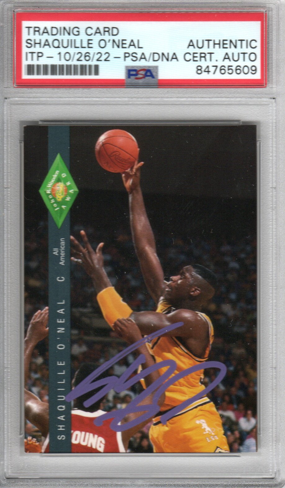 Shaquille O'Neal Signed LSU Tigers Encapsulated 1992 Classic John Wooden Award Rookie Card #318 - PSA AUTHENTIC AUTO-Powers Sports Memorabilia