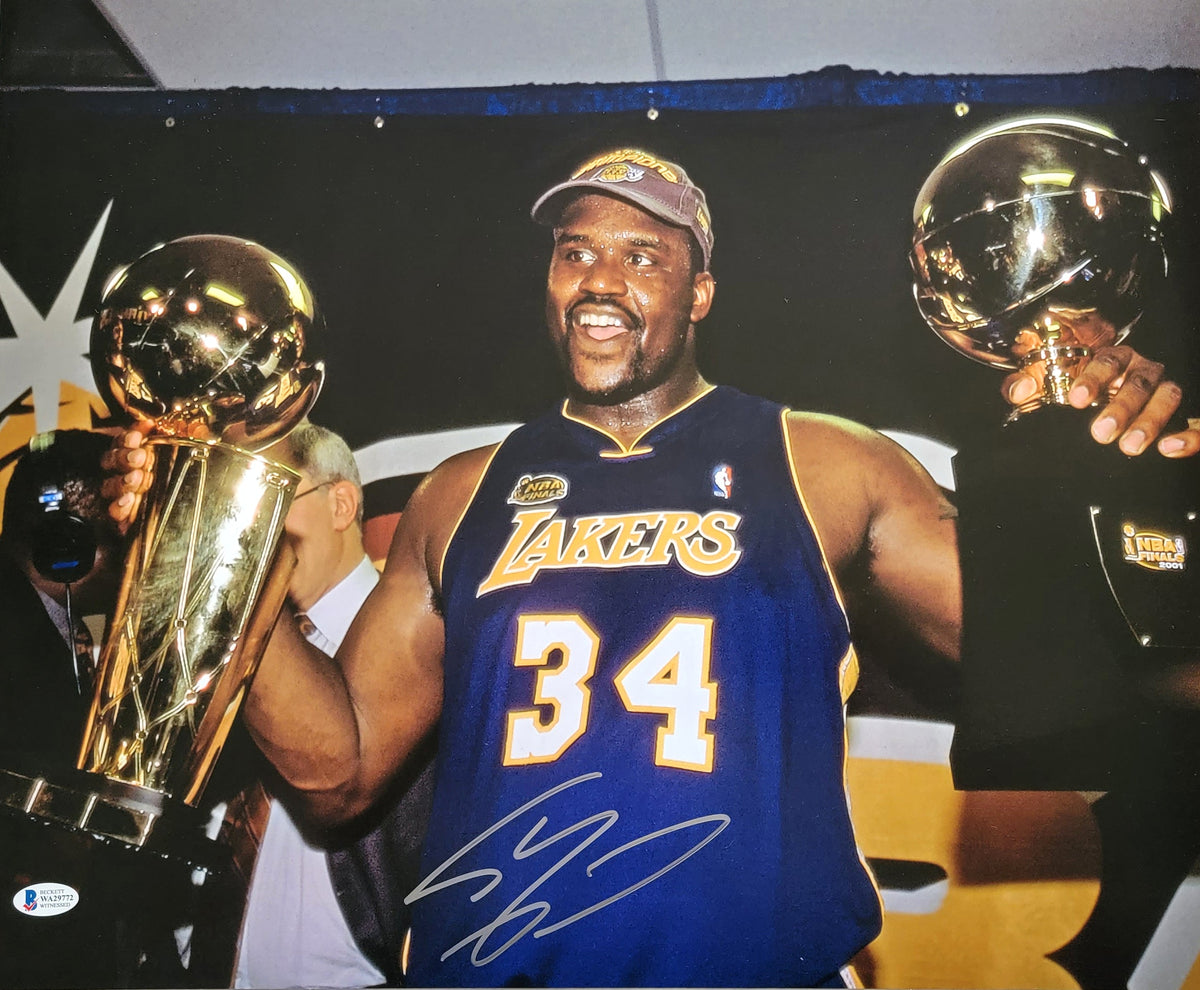 Shaquille O'Neal Autographed Los Angeles Lakers Trophy's 16x20 Photo Beckett Witnessed-Powers Sports Memorabilia