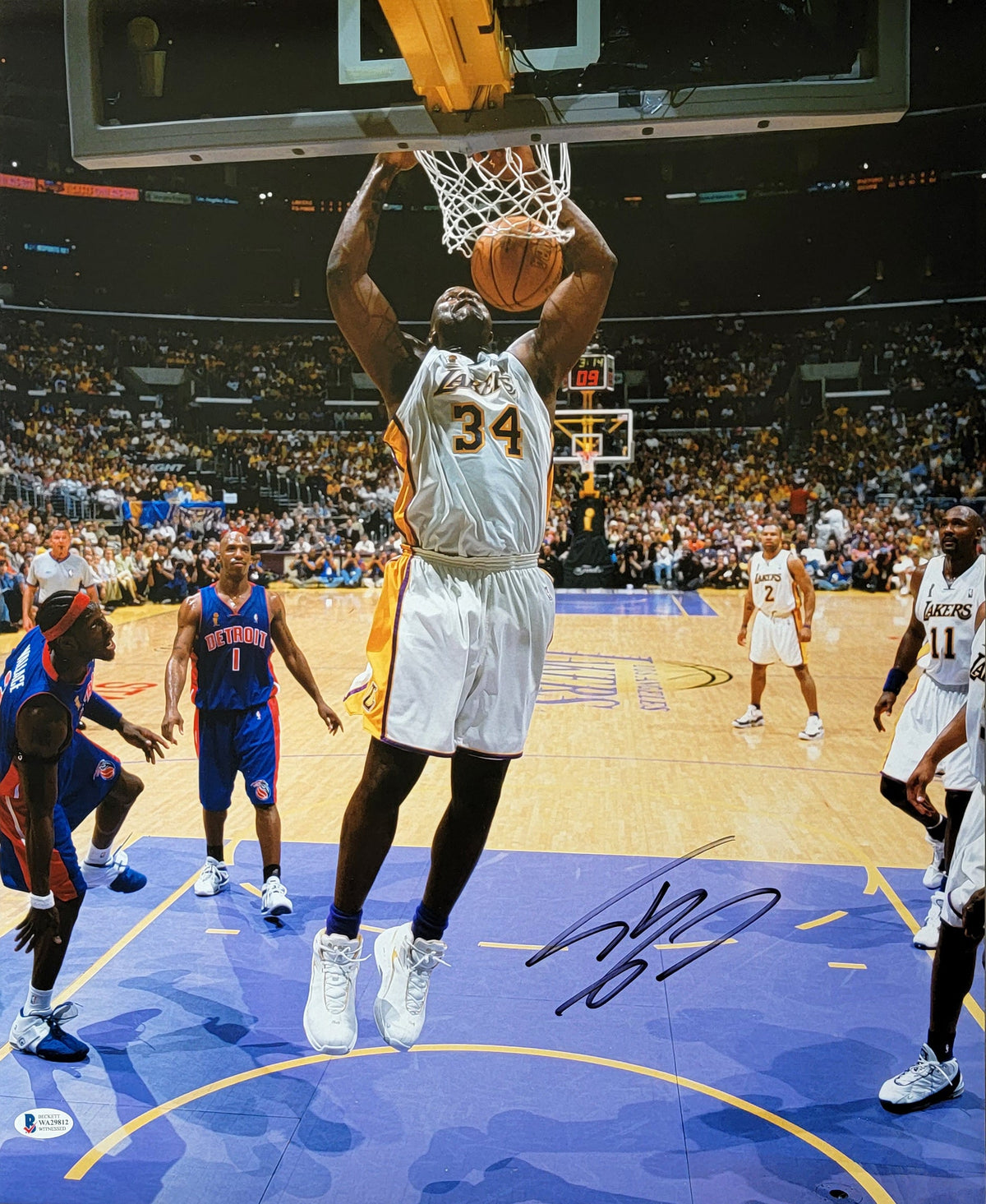Shaquille O'Neal Autographed Los Angeles Lakers 16x20 Photo White Jersey Beckett Witnessed-Powers Sports Memorabilia