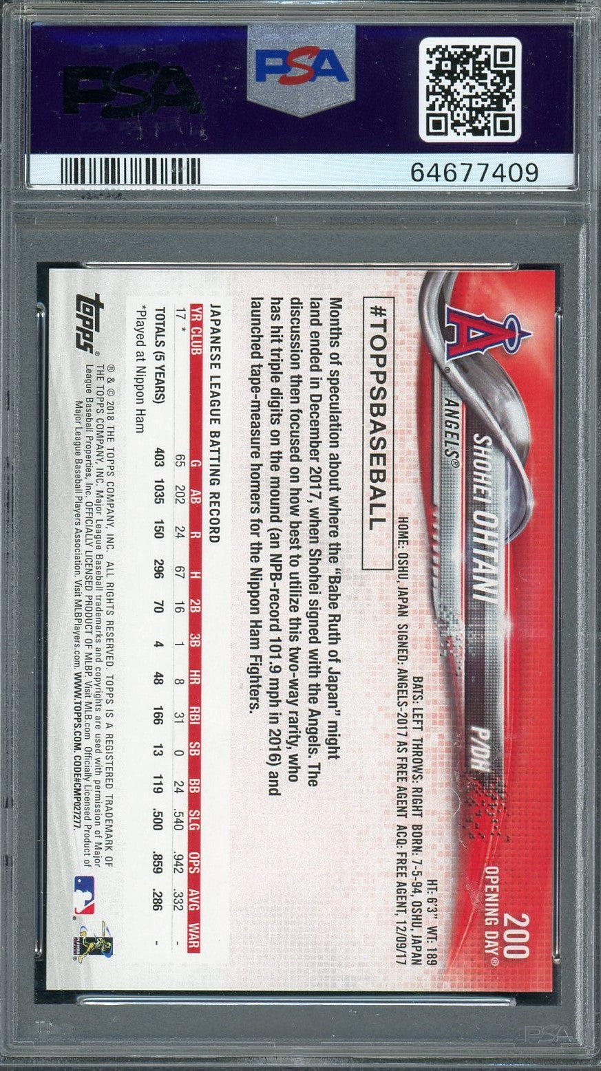 Shohei Ohtani 2018 Topps Opening Day Baseball Rookie Card #200 Graded PSA 10-Powers Sports Memorabilia