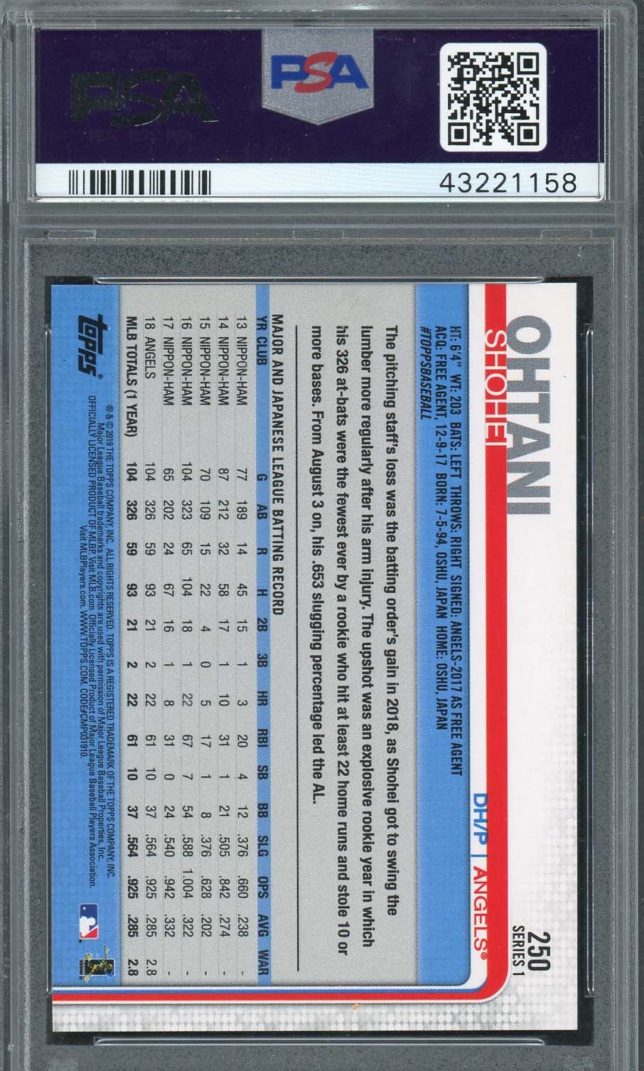 Shohei Ohtani 2019 Topps Swinging Baseball Card #250 classé PSA 10