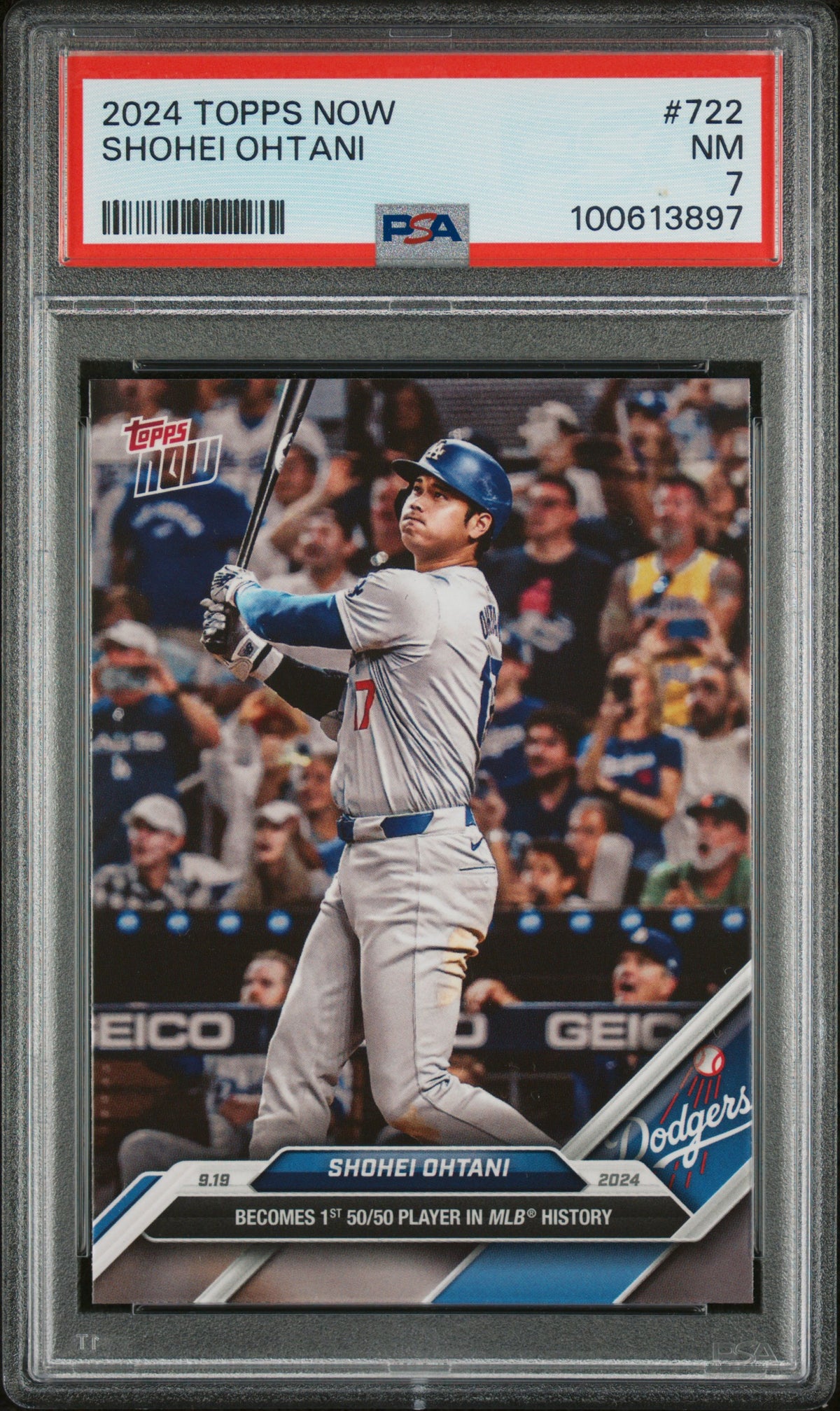 Shohei Ohani 2024 Topps Now Baseball Card # 722 1st 50/50 Graded PSA 7-Powers Sports Memorabilia