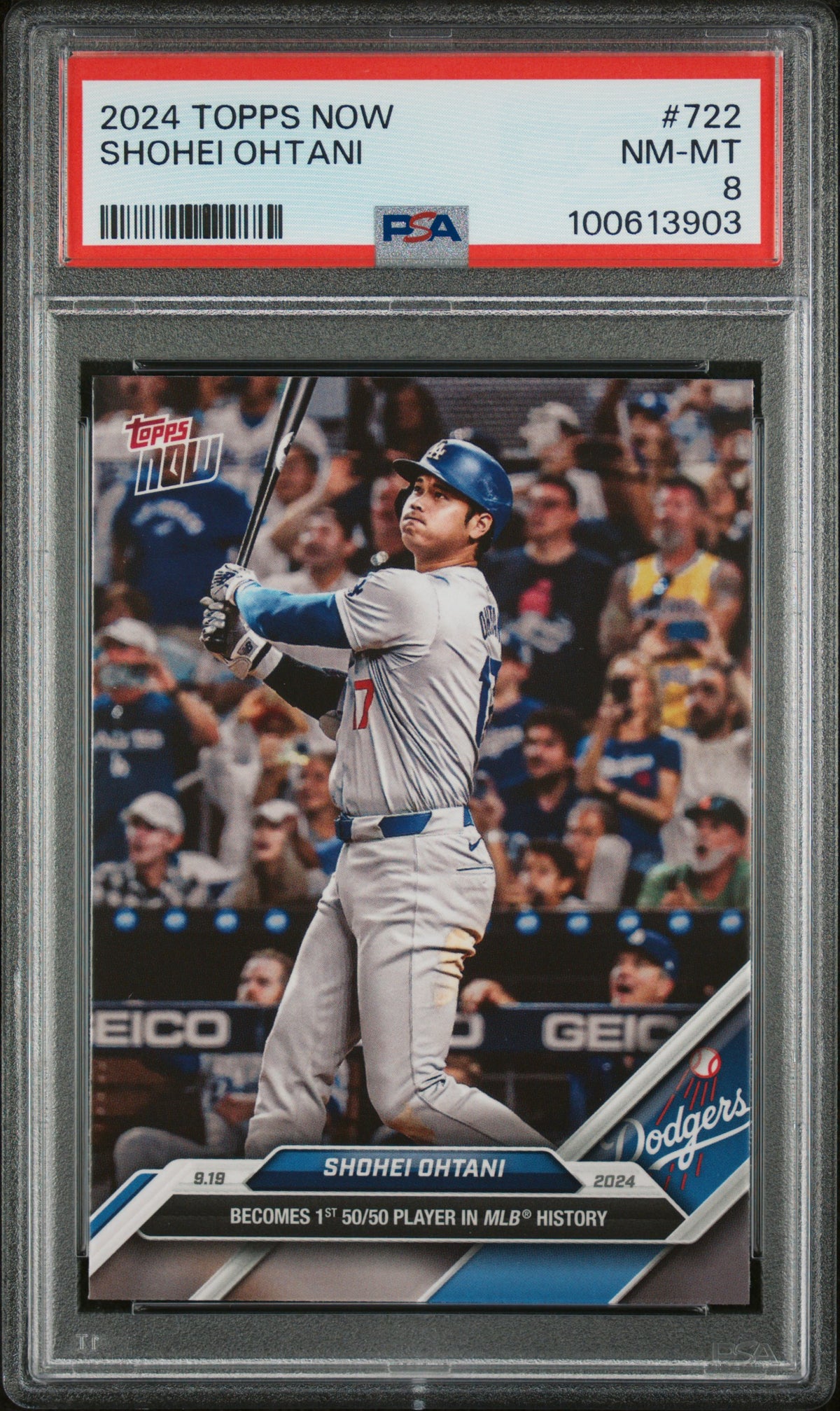 Shohei Ohani 2024 Topps Now Baseball Card 722 1st 50/50 Graded PSA 8