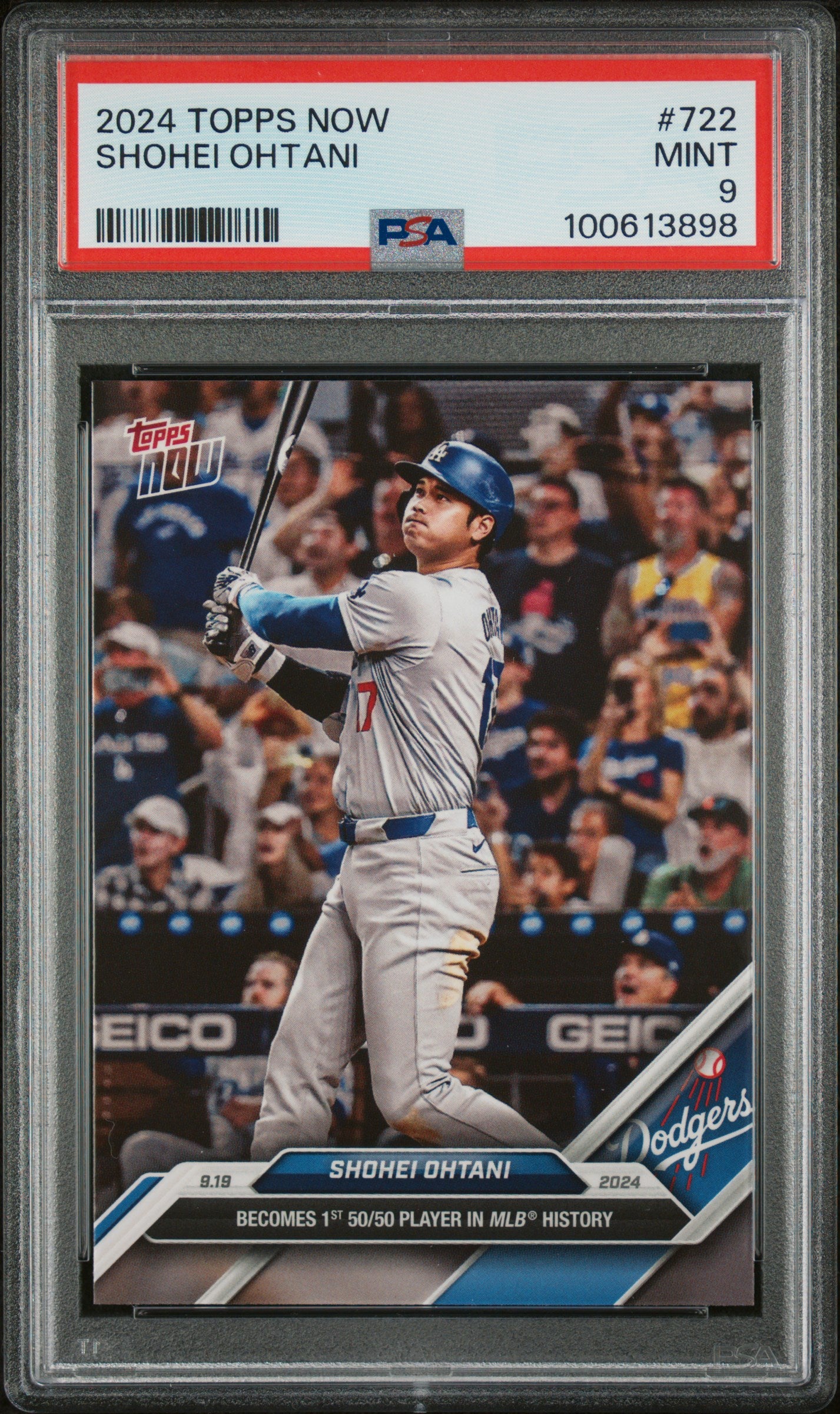 Shohei Ohani 2024 Topps Now Baseball Card 722 1st 50/50 Graded PSA 9