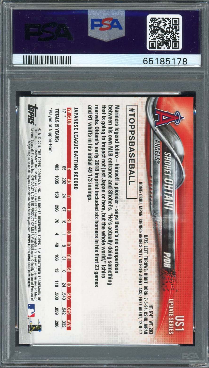 Shohei Ohtani 2018 Topps Update Baseball Rookie Card #US1 Graded PSA 10-Powers Sports Memorabilia
