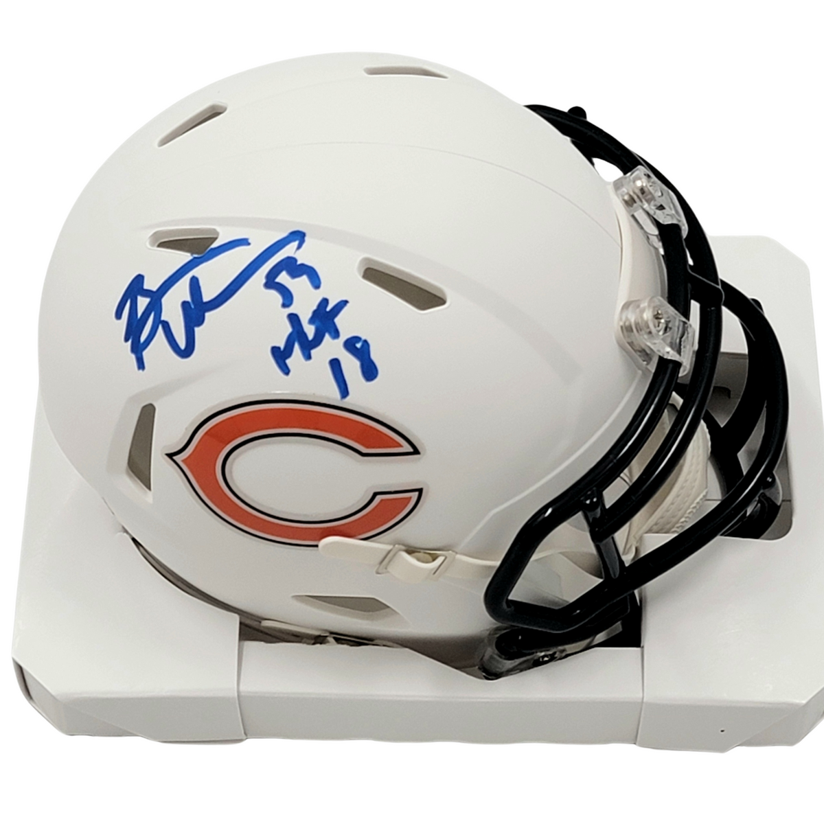 Brian Urlacher Signed Chicago Bears Riddell Speed Matte Flat White Mini Helmet W/ HOF 18 - Beckett-Powers Sports Memorabilia