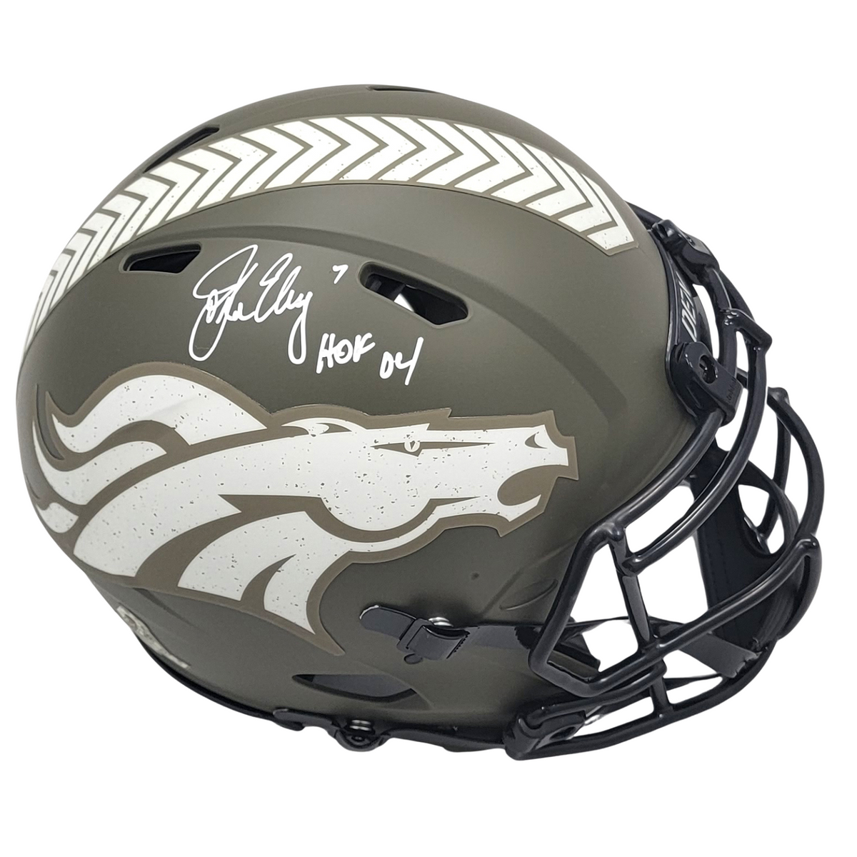 John Elway Signed Denver Broncos Salute To Service Authentic Full Size Helmet W/ HOF 04 - Beckett-Powers Sports Memorabilia