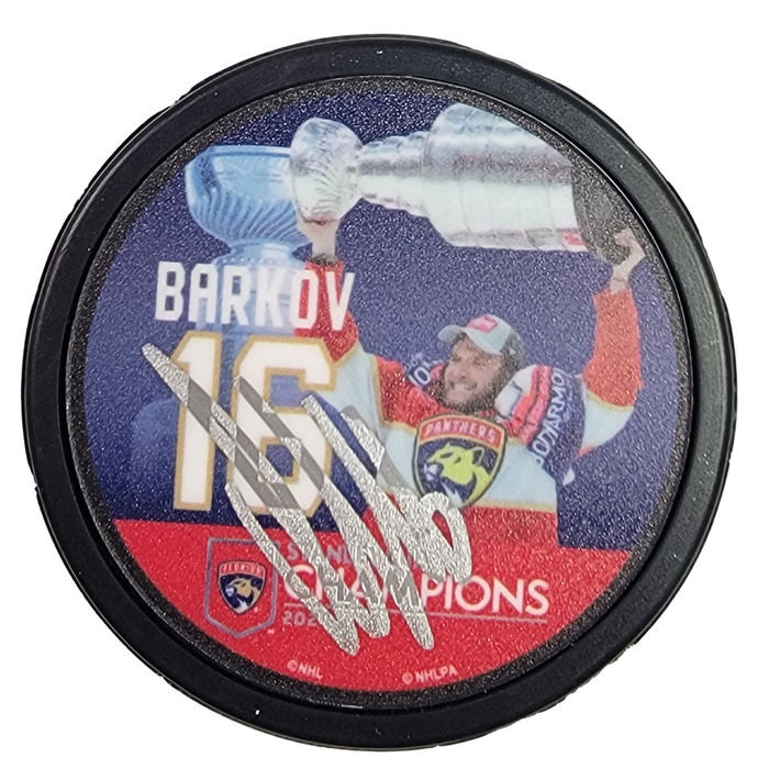 Aleksander Barkov Signed Florida Panthers 2024 Stanley Cup Champions Photo Hockey Puck - Beckett-Powers Sports Memorabilia