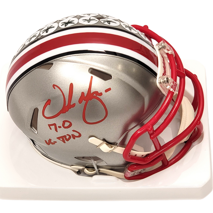 Urban Meyer Signed Ohio State Buckeyes Flash Mini Helmet W/ 7-0 vs TUN - Beckett-Powers Sports Memorabilia