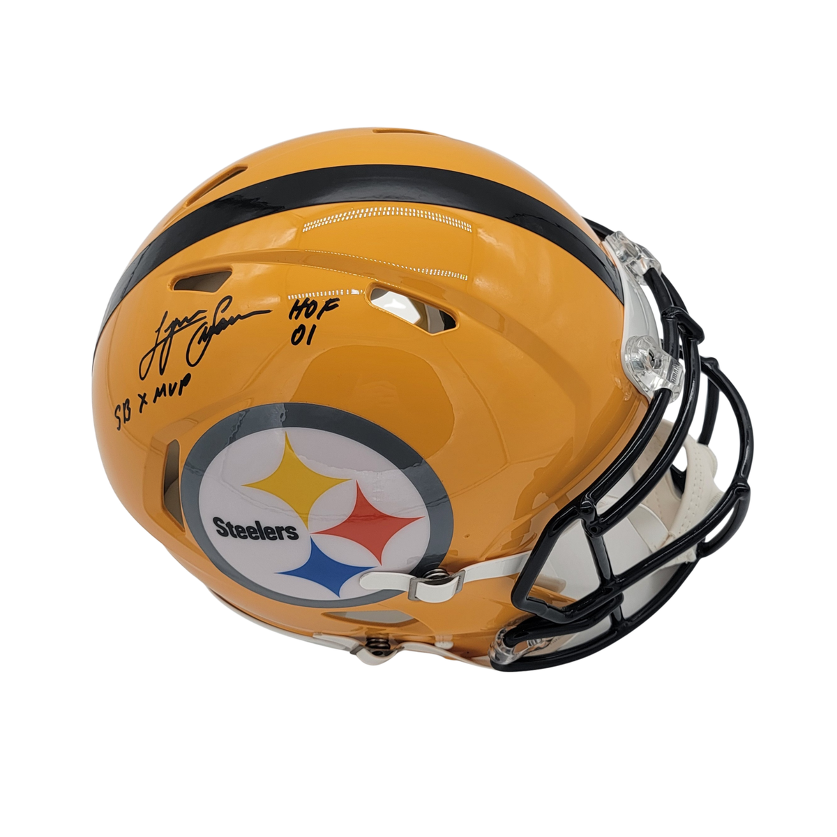 Lynn Swann Signed Pittsburgh Steelers Gold Authentic Full Size Helmet W/ HOF 01 SB X MVP - Beckett-Powers Sports Memorabilia